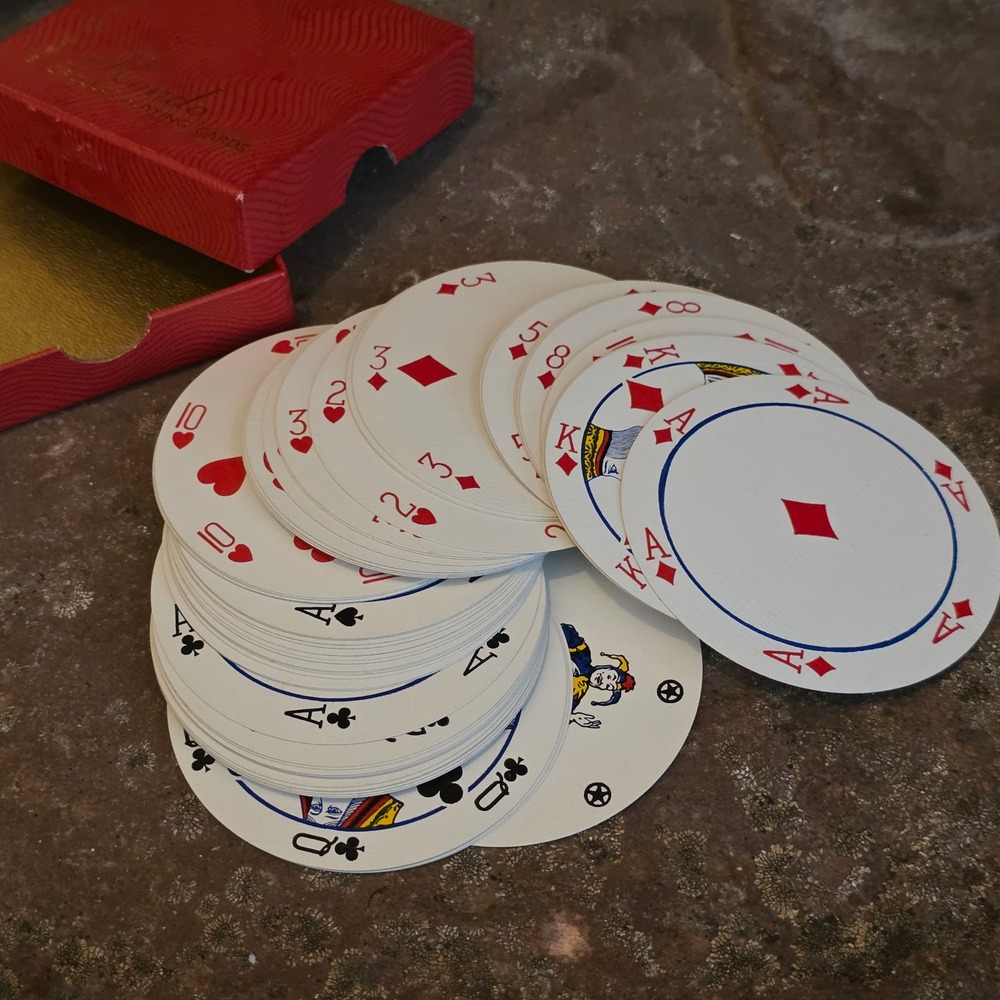 Vintage Waddingtons Rondo Circular Playing Cards Red Gold Gear Pattern with Box